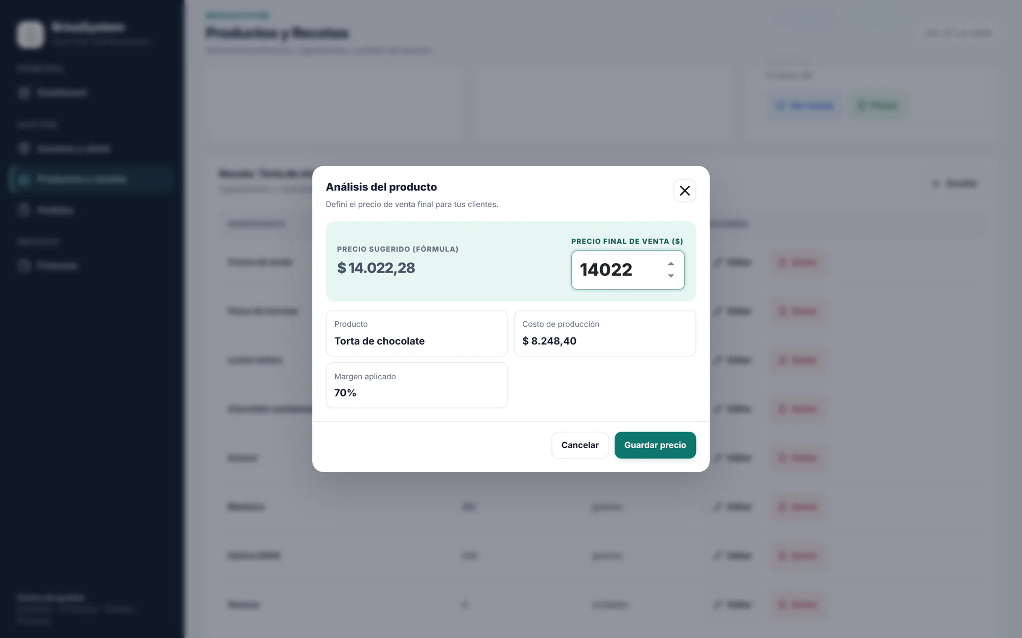 BRISASYSTEM: análisis de un producto con su costo de producción, margen y precio sugerido