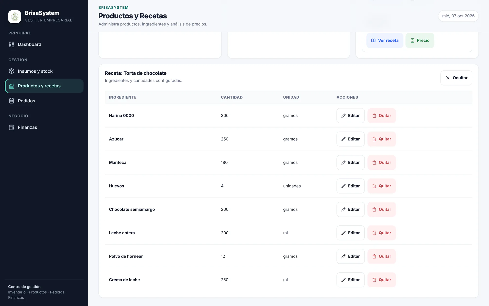 BRISASYSTEM: receta de un producto con sus ingredientes y cantidades