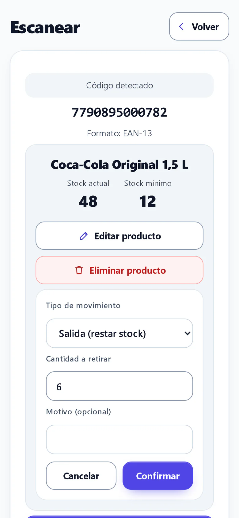 NELSON-SYSTEM: producto encontrado, con su stock y el registro de una salida