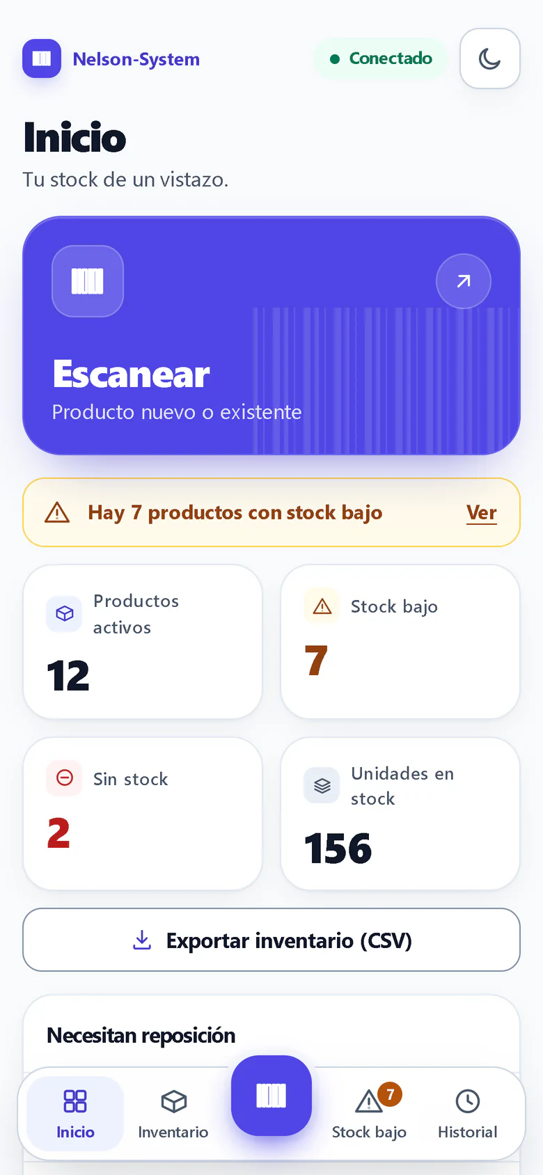 NELSON-SYSTEM: inicio con productos activos, stock bajo, sin stock y unidades
